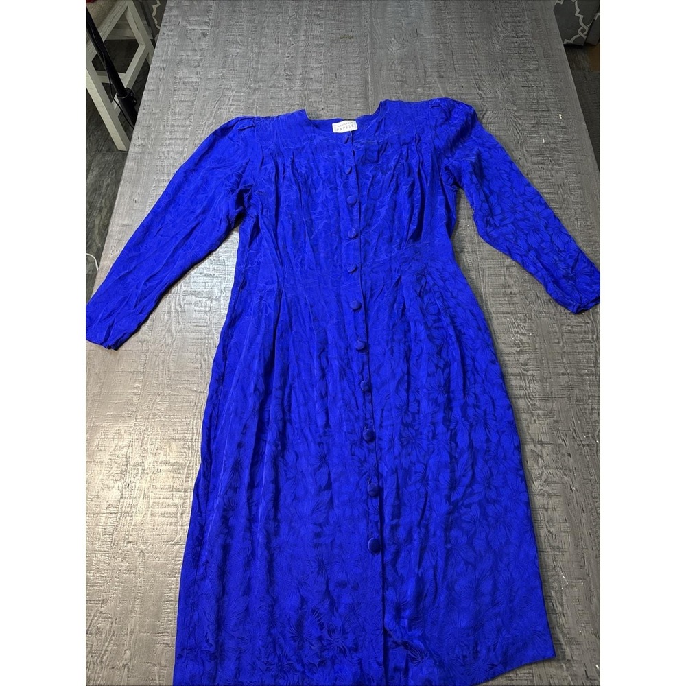 Vintage Adrianna Papell 80s Blue Print Pleated Silk Midi Dress Sz 16 No Belt